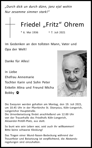 Anzeige von Friedel Ohrem von Kölner Stadt-Anzeiger / Kölnische Rundschau / Express