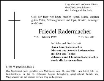 Anzeige von Friedel Radermacher von Kölner Stadt-Anzeiger / Kölnische Rundschau / Express