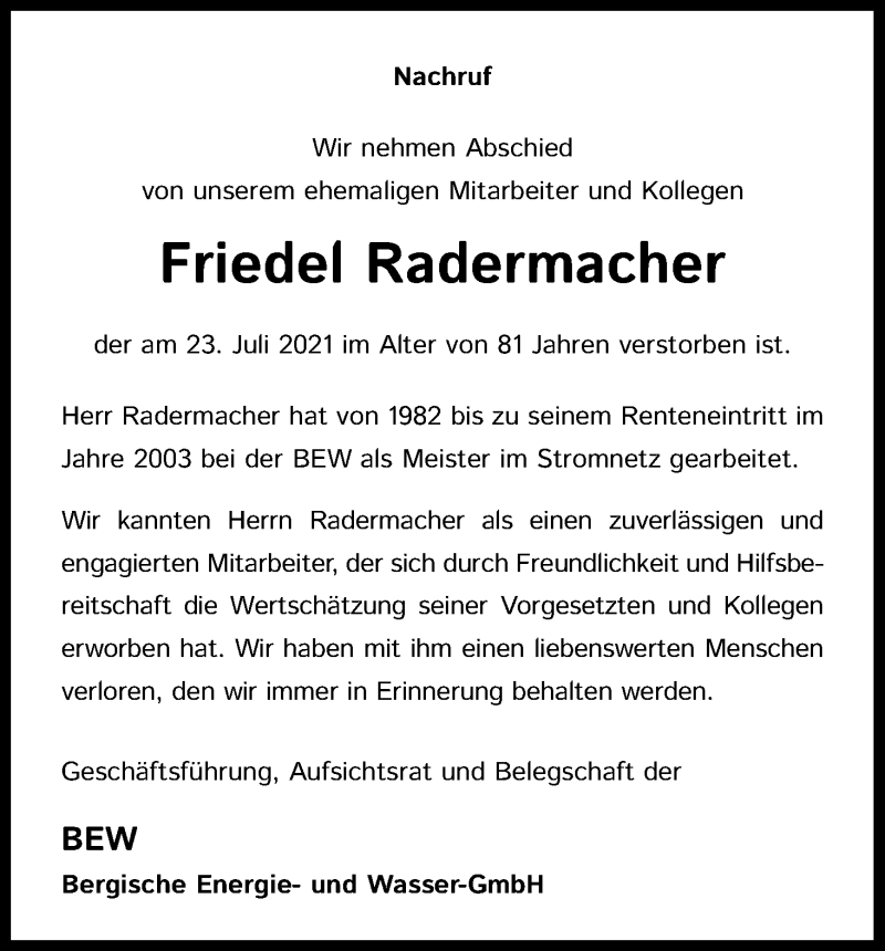  Traueranzeige für Friedel Radermacher vom 29.07.2021 aus Kölner Stadt-Anzeiger / Kölnische Rundschau / Express