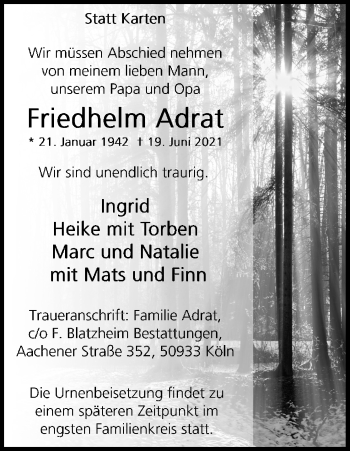 Anzeige von Friedhelm Adrat von Kölner Stadt-Anzeiger / Kölnische Rundschau / Express