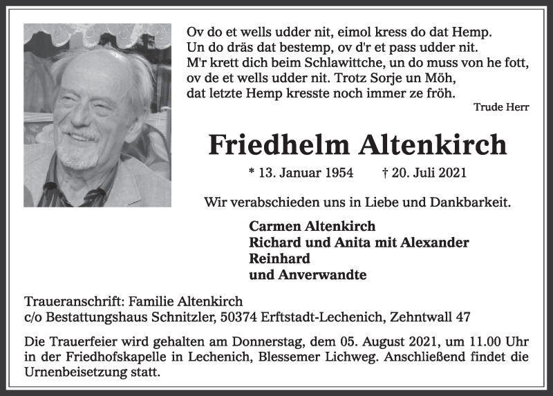  Traueranzeige für Friedhelm Altenkirch vom 30.07.2021 aus  Werbepost 