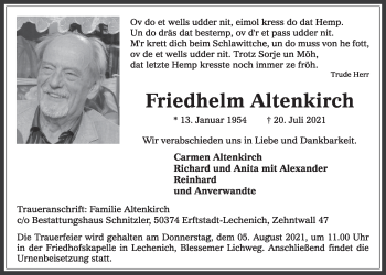 Anzeige von Friedhelm Altenkirch von  Werbepost 