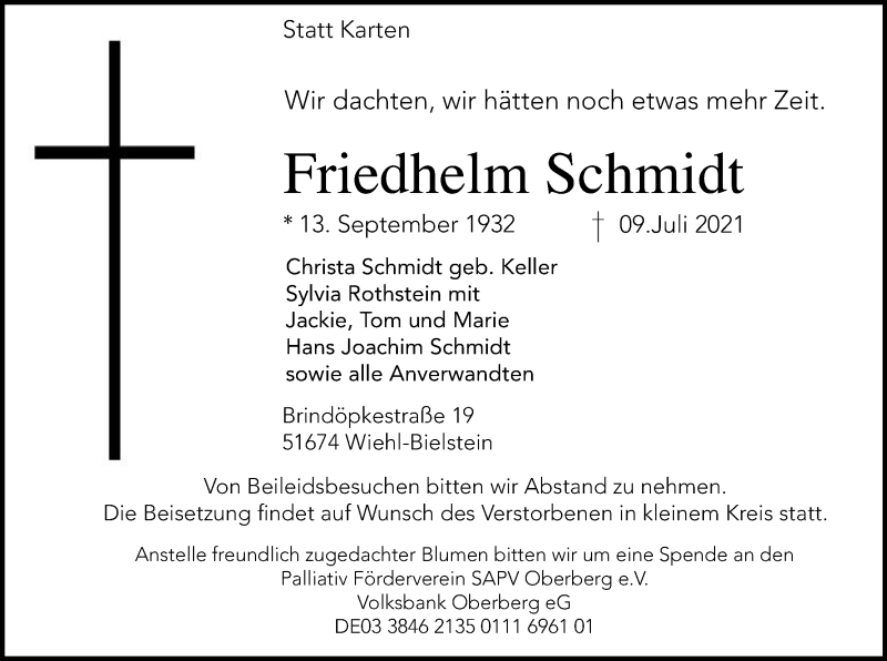  Traueranzeige für Friedhelm Schmidt vom 14.07.2021 aus Kölner Stadt-Anzeiger / Kölnische Rundschau / Express