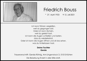 Anzeige von Friedrich Bouss von Kölner Stadt-Anzeiger / Kölnische Rundschau / Express