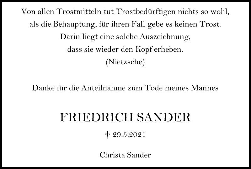  Traueranzeige für Friedrich Sander vom 24.07.2021 aus Kölner Stadt-Anzeiger / Kölnische Rundschau / Express
