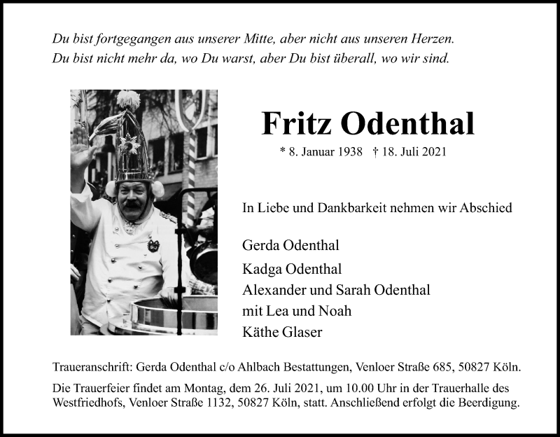  Traueranzeige für Fritz Odenthal vom 22.07.2021 aus Kölner Stadt-Anzeiger / Kölnische Rundschau / Express