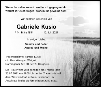 Anzeige von Gabriele Kusio von Kölner Stadt-Anzeiger / Kölnische Rundschau / Express