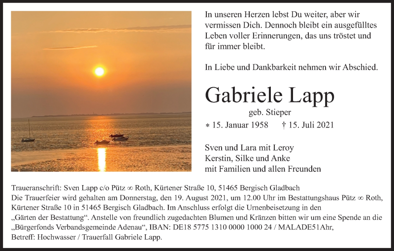  Traueranzeige für Gabriele Lapp vom 24.07.2021 aus Kölner Stadt-Anzeiger / Kölnische Rundschau / Express