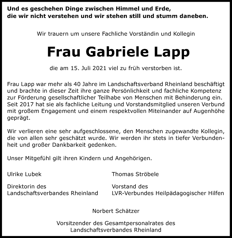  Traueranzeige für Gabriele Lapp vom 24.07.2021 aus Kölner Stadt-Anzeiger / Kölnische Rundschau / Express