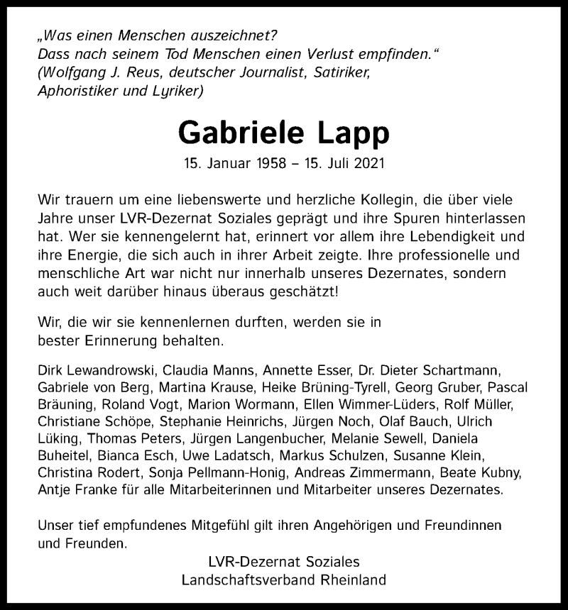 Traueranzeige für Gabriele Lapp vom 31.07.2021 aus Kölner Stadt-Anzeiger / Kölnische Rundschau / Express
