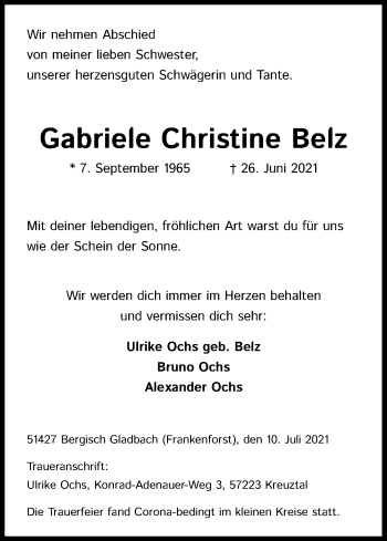 Anzeige von Gabriele Christine Belz von Kölner Stadt-Anzeiger / Kölnische Rundschau / Express