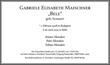 Anzeige von Gabriele Elisabeth Maischner von Kölner Stadt-Anzeiger / Kölnische Rundschau / Express