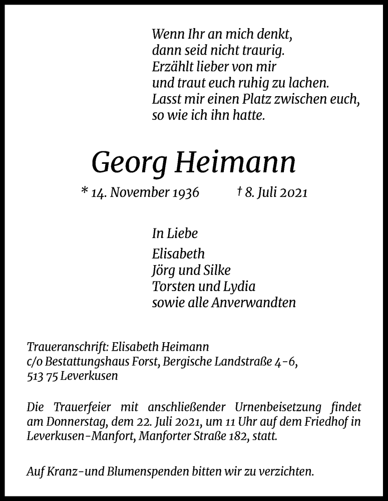  Traueranzeige für Georg Heimann vom 17.07.2021 aus Kölner Stadt-Anzeiger / Kölnische Rundschau / Express