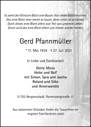 Anzeige von Gerd Pfannmüller von Kölner Stadt-Anzeiger / Kölnische Rundschau / Express