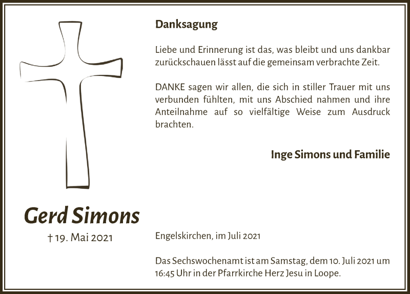  Traueranzeige für Gerd Simons vom 02.07.2021 aus  Anzeigen Echo 