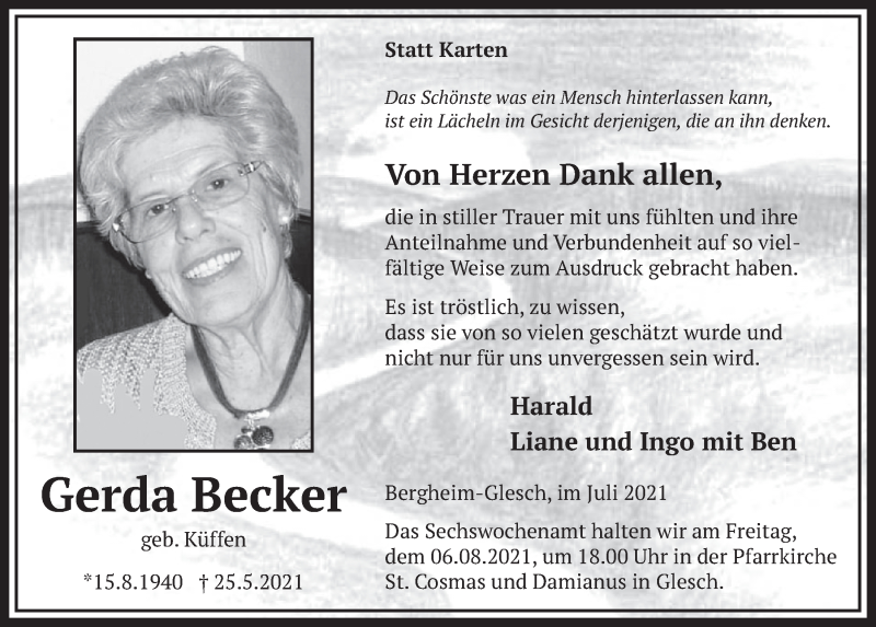  Traueranzeige für Gerda Becker vom 02.07.2021 aus  Werbepost 