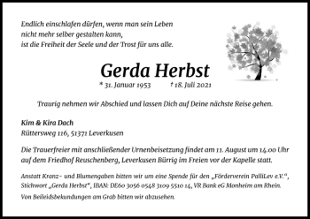 Anzeige von Gerda Herbst von Kölner Stadt-Anzeiger / Kölnische Rundschau / Express