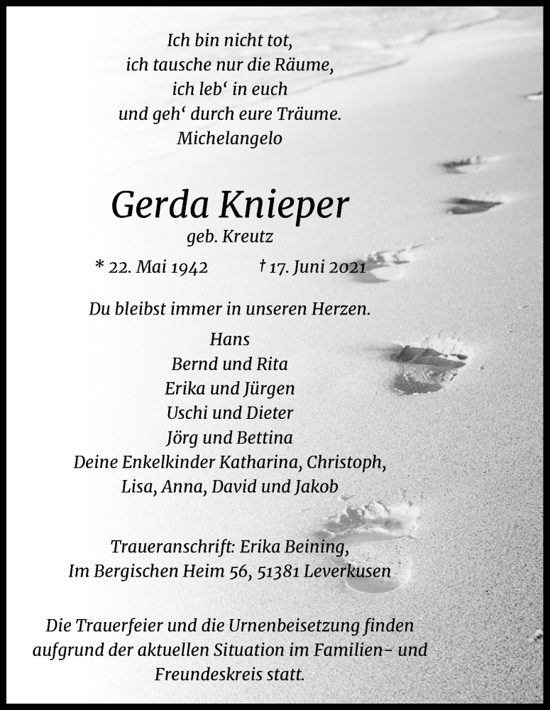  Traueranzeige für Gerda Knieper vom 17.07.2021 aus Kölner Stadt-Anzeiger / Kölnische Rundschau / Express