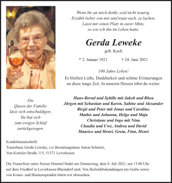Anzeige von Gerda Leweke von Kölner Stadt-Anzeiger / Kölnische Rundschau / Express