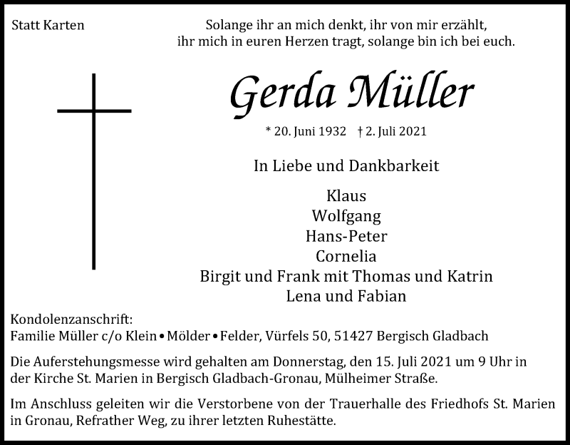  Traueranzeige für Gerda Müller vom 10.07.2021 aus Kölner Stadt-Anzeiger / Kölnische Rundschau / Express
