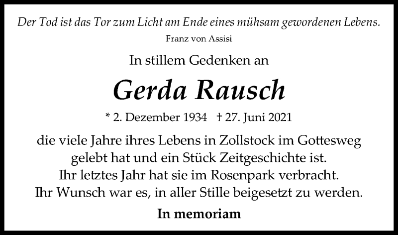  Traueranzeige für Gerda Rausch vom 17.07.2021 aus Kölner Stadt-Anzeiger / Kölnische Rundschau / Express