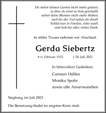 Anzeige von Gerda Siebertz von Kölner Stadt-Anzeiger / Kölnische Rundschau / Express