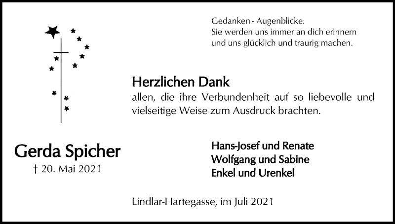  Traueranzeige für Gerda Spicher vom 10.07.2021 aus Kölner Stadt-Anzeiger / Kölnische Rundschau / Express