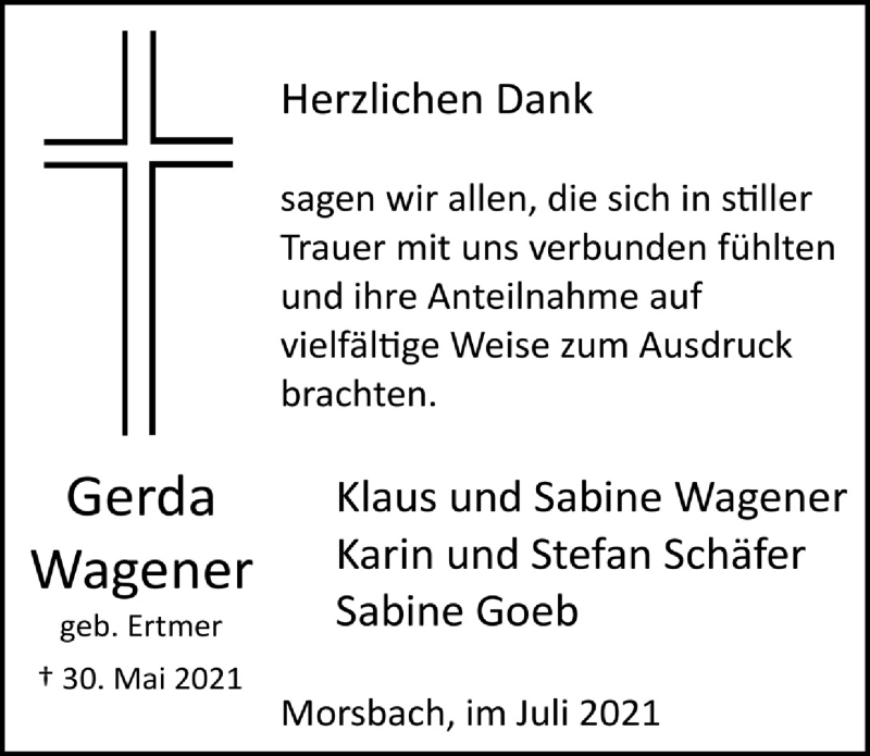  Traueranzeige für Gerda Wagener vom 16.07.2021 aus  Lokalanzeiger 