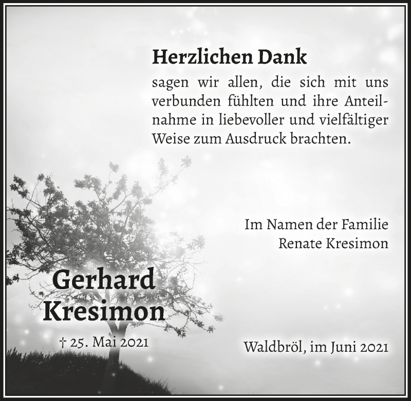  Traueranzeige für Gerhard Kresimon vom 02.07.2021 aus  Lokalanzeiger 