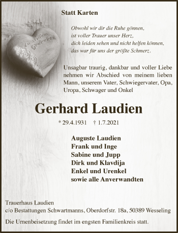 Anzeige von Gerhard Laudien von  Schlossbote/Werbekurier 