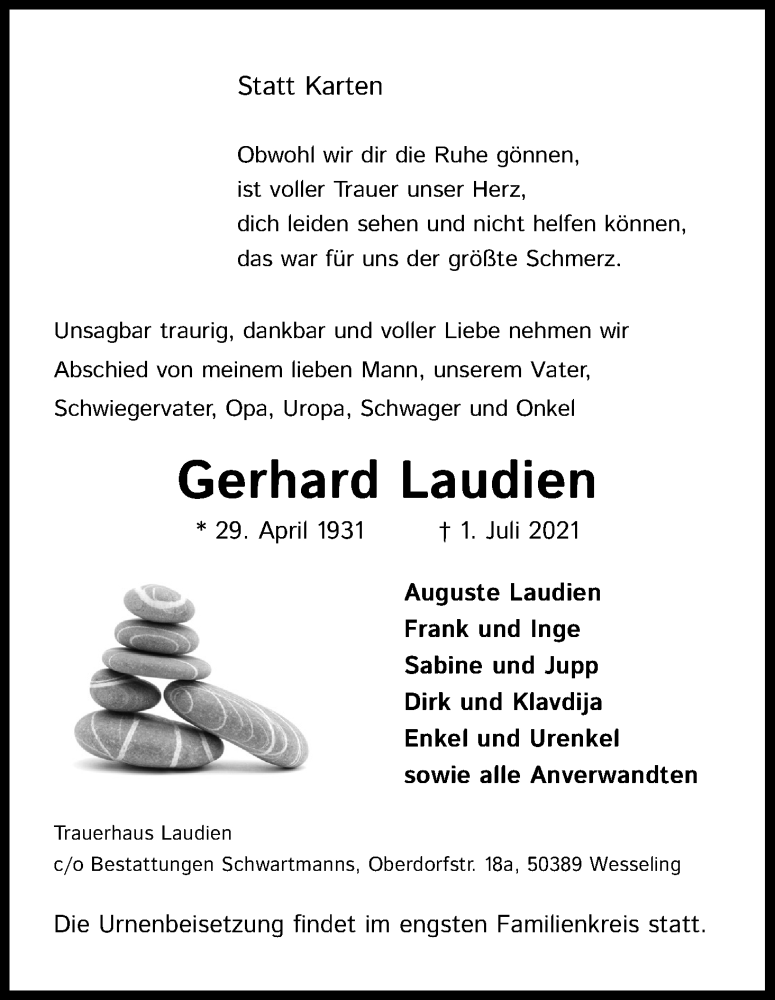  Traueranzeige für Gerhard Laudien vom 10.07.2021 aus Kölner Stadt-Anzeiger / Kölnische Rundschau / Express