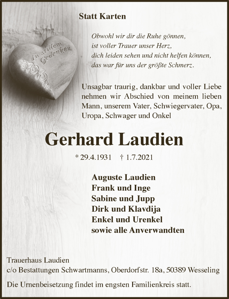  Traueranzeige für Gerhard Laudien vom 09.07.2021 aus  Schlossbote/Werbekurier 
