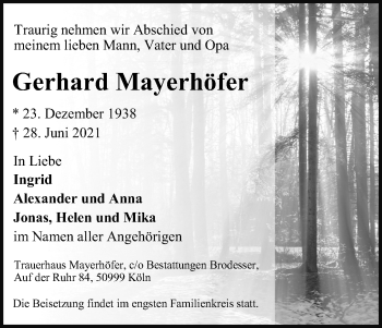 Anzeige von Gerhard Mayerhöfer von Kölner Stadt-Anzeiger / Kölnische Rundschau / Express