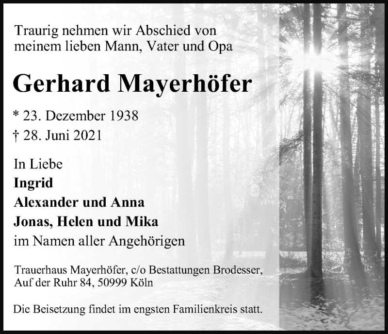  Traueranzeige für Gerhard Mayerhöfer vom 03.07.2021 aus Kölner Stadt-Anzeiger / Kölnische Rundschau / Express