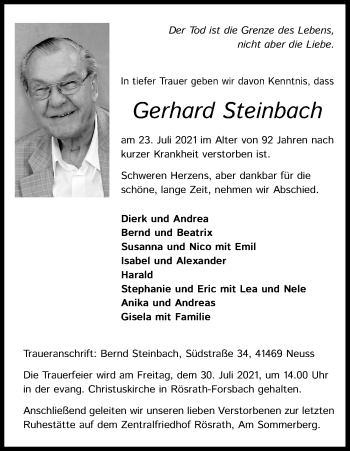 Anzeige von Gerhard Steinbach von Kölner Stadt-Anzeiger / Kölnische Rundschau / Express