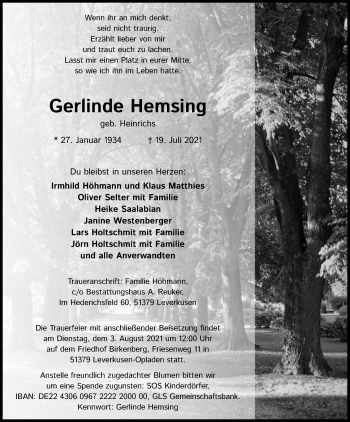 Anzeige von Gerlinde Hemsing von Kölner Stadt-Anzeiger / Kölnische Rundschau / Express