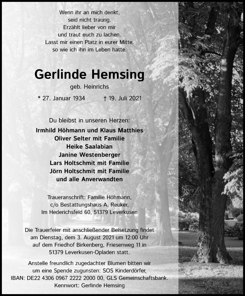  Traueranzeige für Gerlinde Hemsing vom 28.07.2021 aus Kölner Stadt-Anzeiger / Kölnische Rundschau / Express