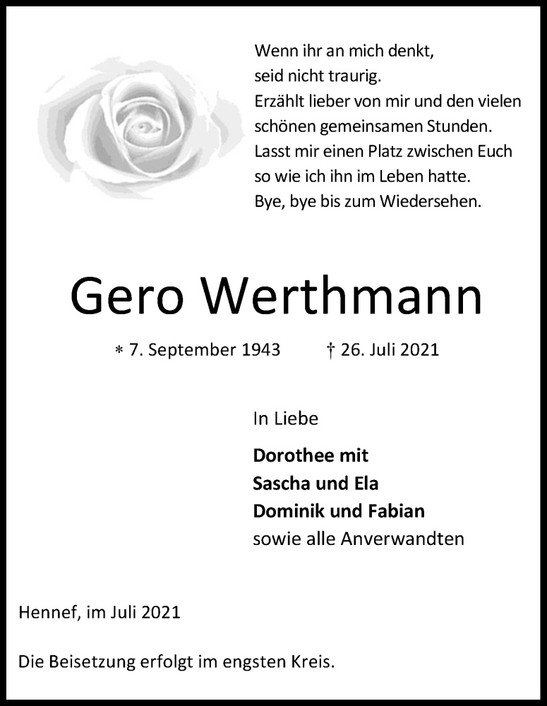  Traueranzeige für Gero Werthmann vom 31.07.2021 aus Kölner Stadt-Anzeiger / Kölnische Rundschau / Express