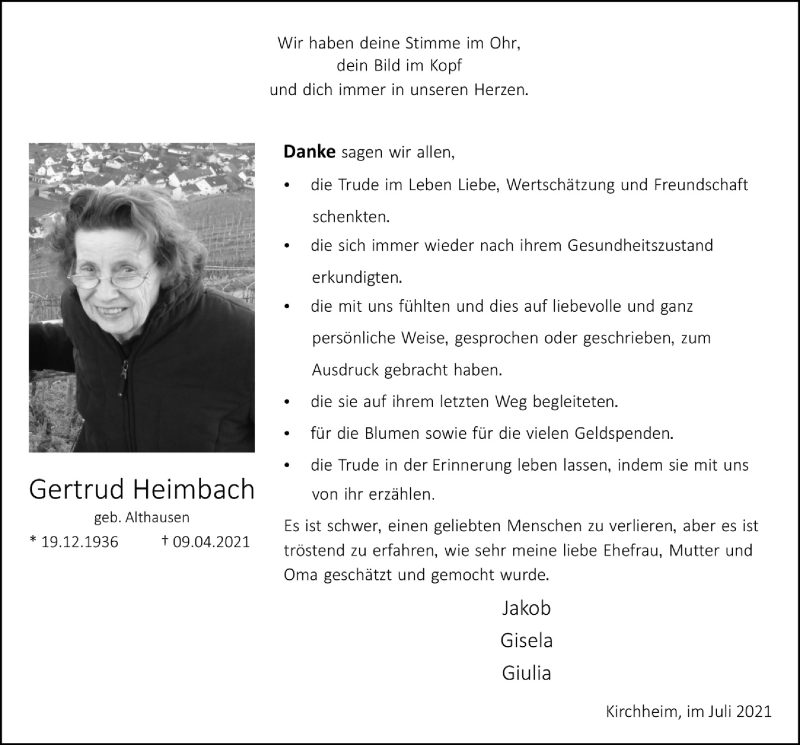  Traueranzeige für Gertrud Heimbach vom 17.07.2021 aus  Blickpunkt Euskirchen 