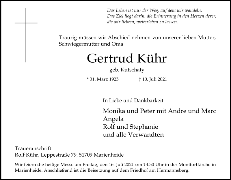  Traueranzeige für Gertrud Kühr vom 14.07.2021 aus Kölner Stadt-Anzeiger / Kölnische Rundschau / Express