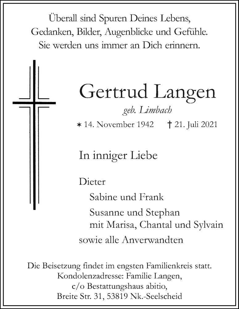  Traueranzeige für Gertrud Langen vom 24.07.2021 aus Kölner Stadt-Anzeiger / Kölnische Rundschau / Express