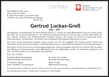 Anzeige von Gertrud Luckas-Groß von Kölner Stadt-Anzeiger / Kölnische Rundschau / Express