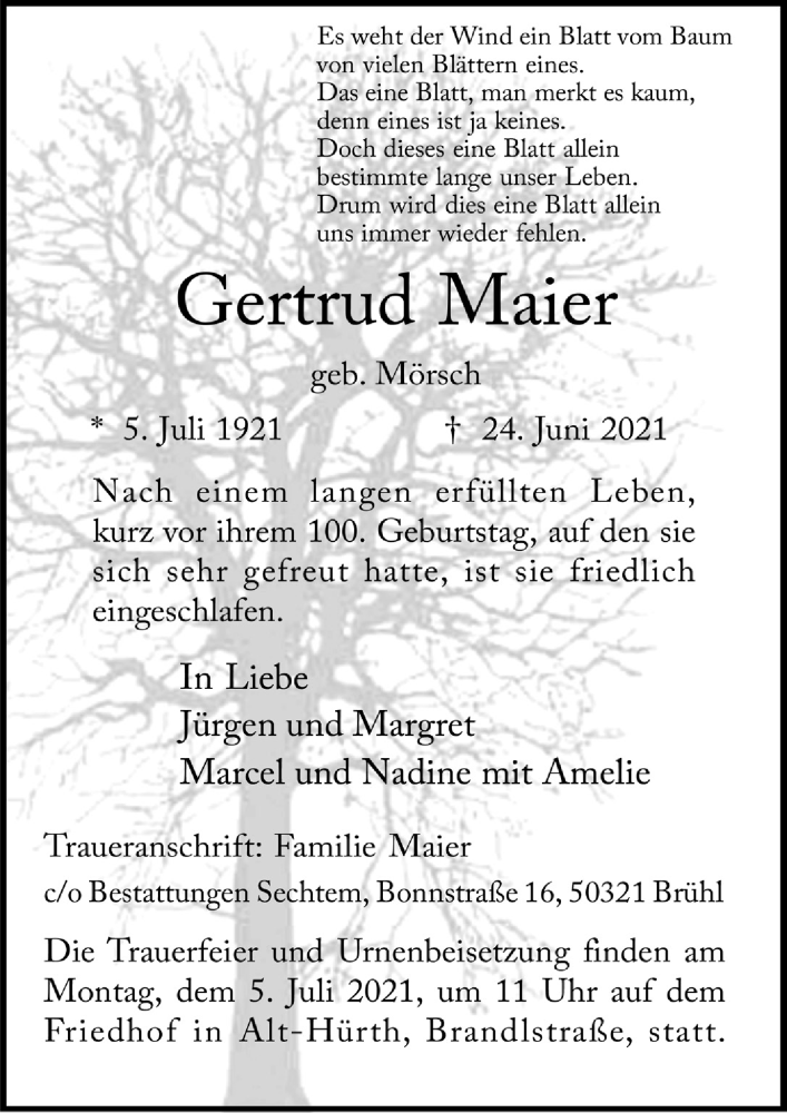  Traueranzeige für Gertrud Maier vom 02.07.2021 aus  Schlossbote/Werbekurier 