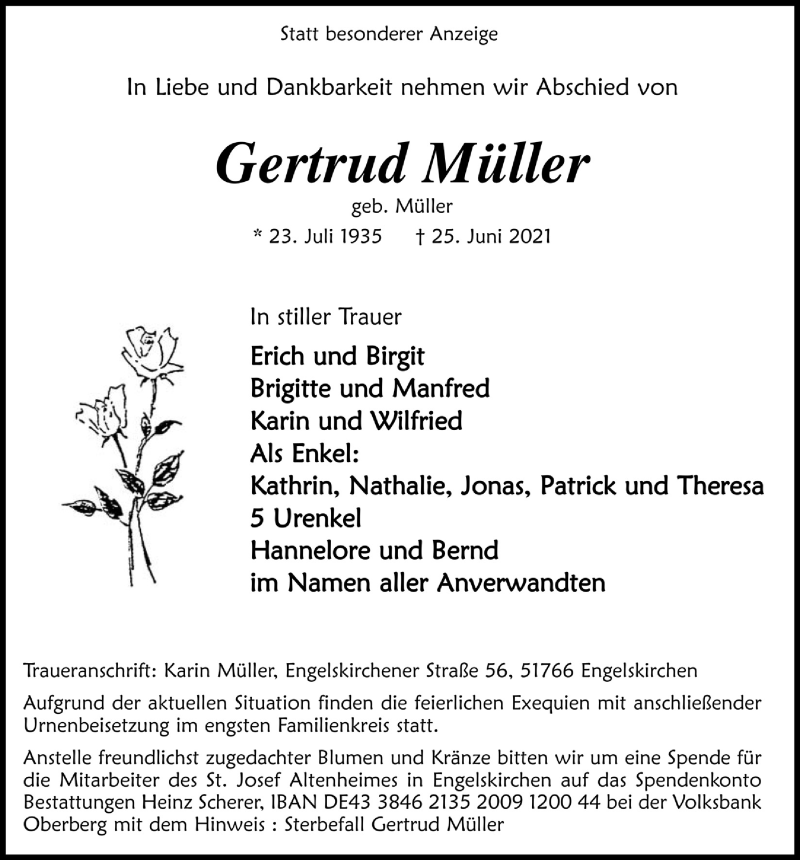  Traueranzeige für Gertrud Müller vom 02.07.2021 aus  Anzeigen Echo 