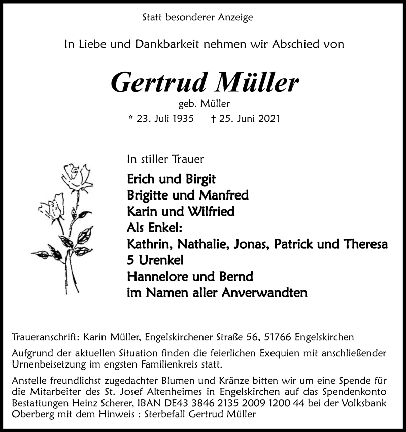  Traueranzeige für Gertrud Müller vom 03.07.2021 aus Kölner Stadt-Anzeiger / Kölnische Rundschau / Express