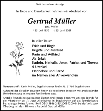 Anzeige von Gertrud Müller von  Anzeigen Echo 