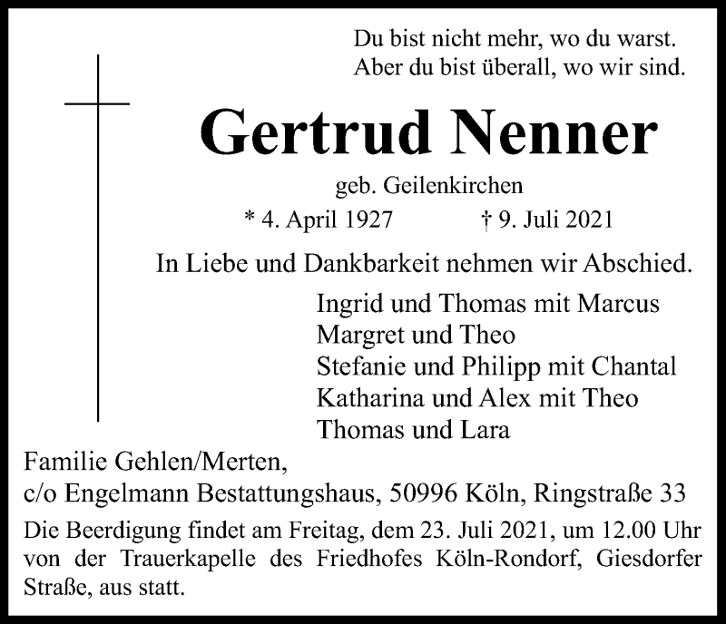  Traueranzeige für Gertrud Nenner vom 17.07.2021 aus Kölner Stadt-Anzeiger / Kölnische Rundschau / Express