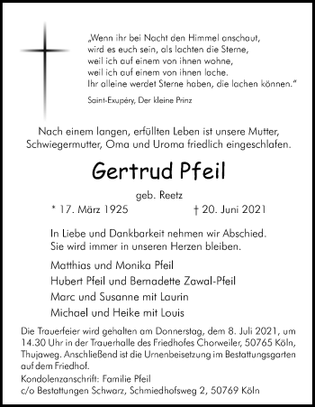 Anzeige von Gertrud Pfeil von Kölner Stadt-Anzeiger / Kölnische Rundschau / Express