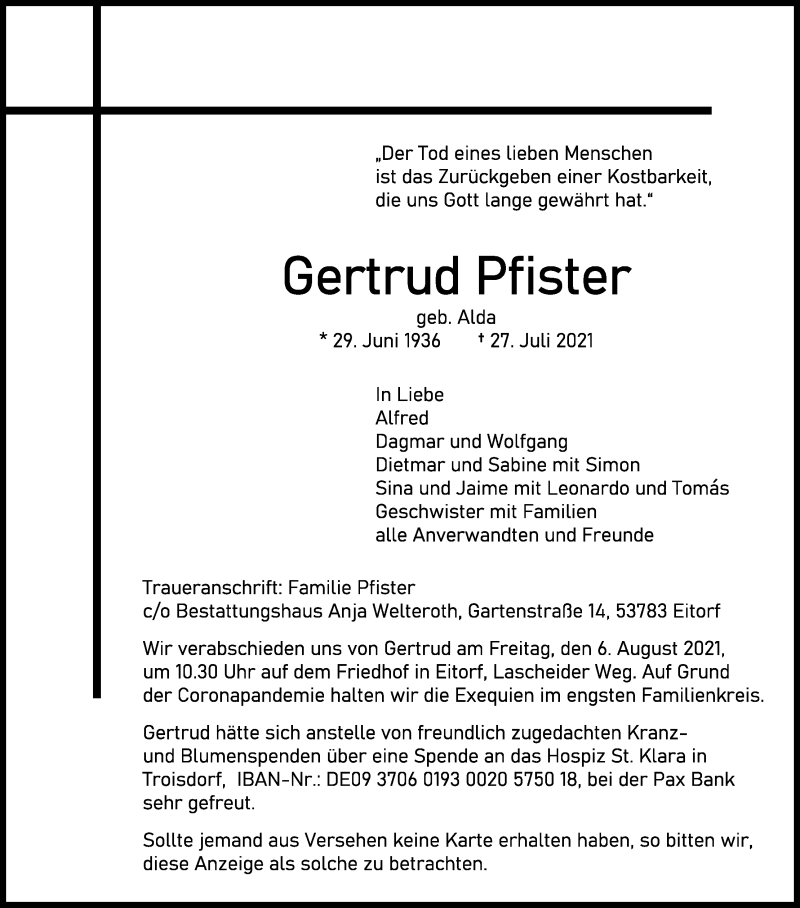  Traueranzeige für Gertrud Pfister vom 31.07.2021 aus Kölner Stadt-Anzeiger / Kölnische Rundschau / Express