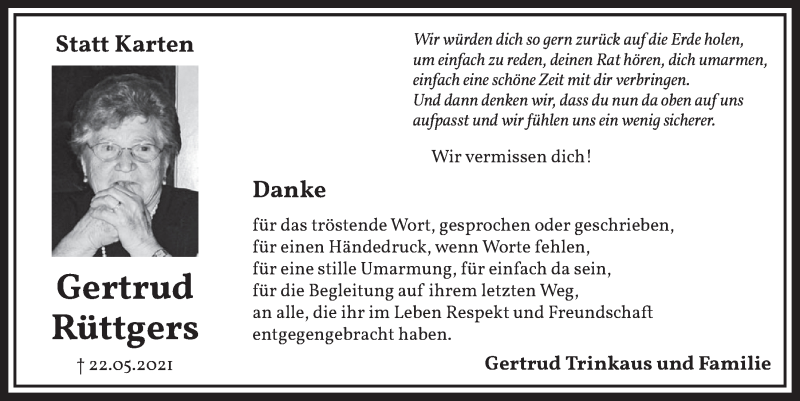  Traueranzeige für Gertrud Rüttgers vom 02.07.2021 aus  Wochenende 
